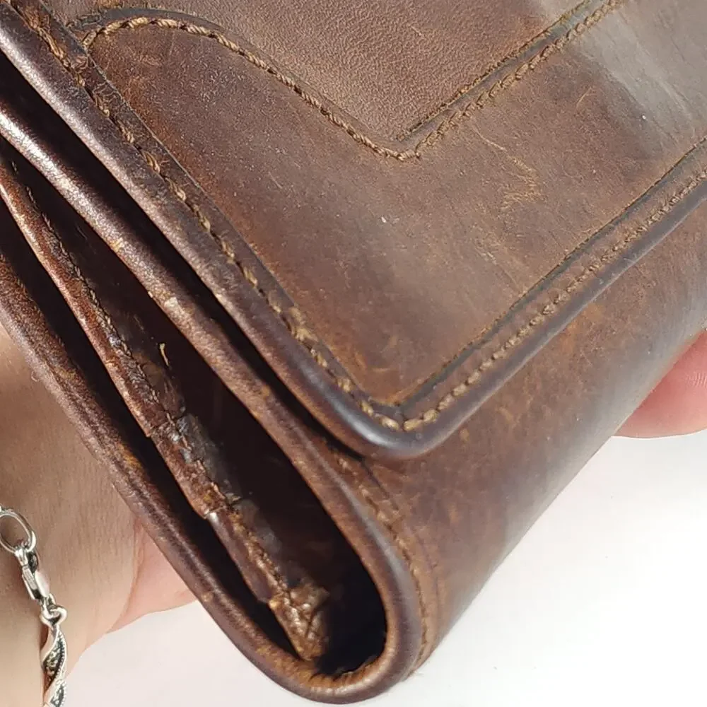 Frye Melissa Continental Cognac Brown Distressed Leather Snap Trifold Wallet - Picture 10 of 13